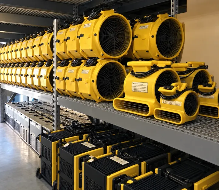 Stock massif de déshumidificateurs, turbines et brasseurs d'air au dépôt de Saint-André-de-la-Roche (06)
